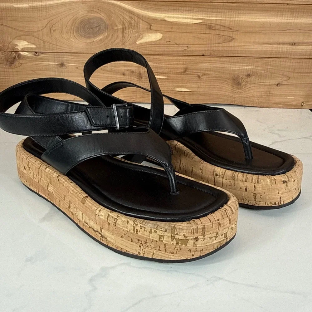 Schutz Tessie Black Leather Cork Platform Thong Sandals Womens 7B Ankle Strap